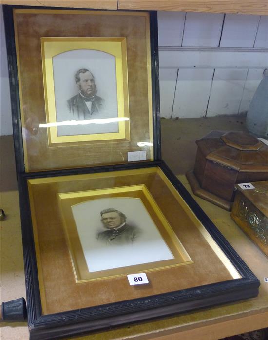 Pair prints of bearded gentlemen on glass
